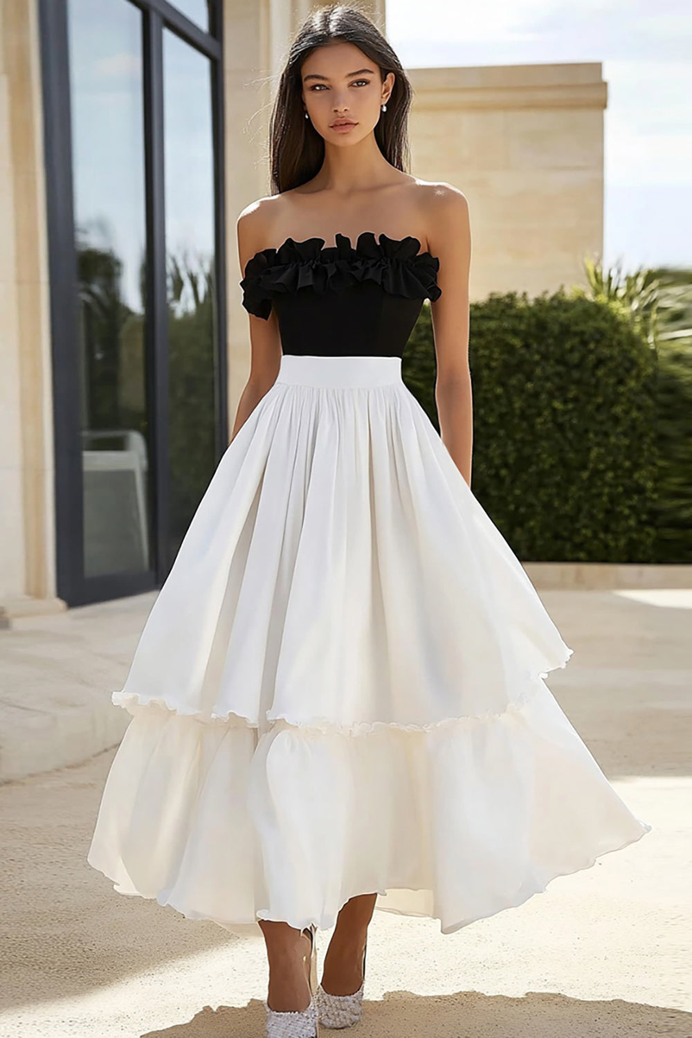 Black and White Ruffled A Line Strapless Long Formal Dress