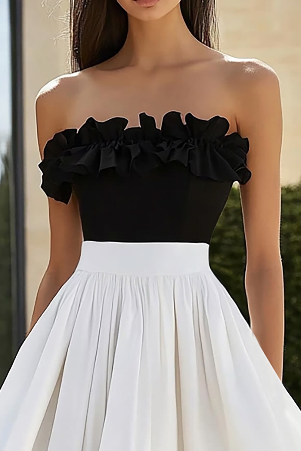 Black and White Ruffled A Line Strapless Long Formal Dress