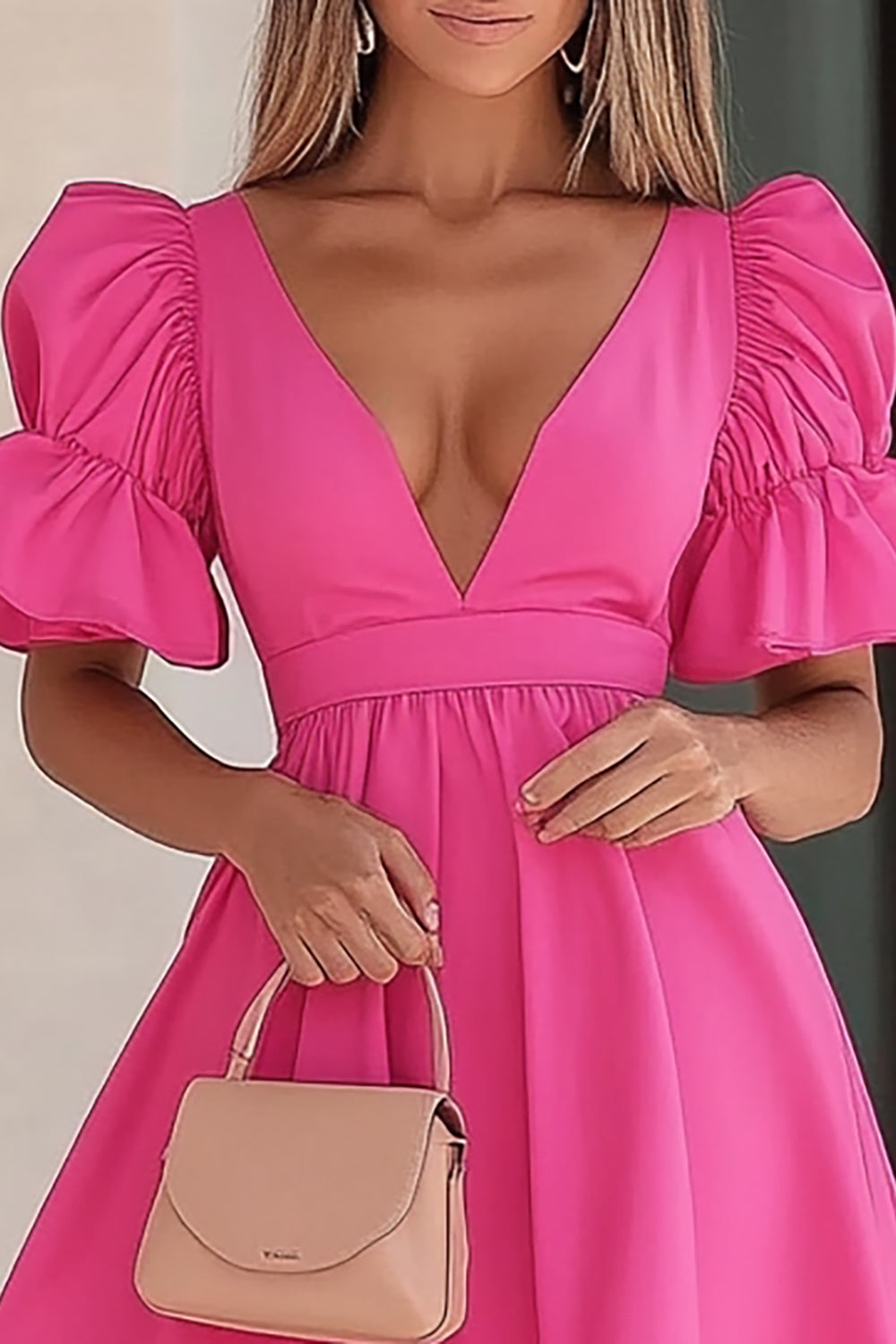 Fuchsia Puff Sleeves Satin A Line Short Cocktail Dress