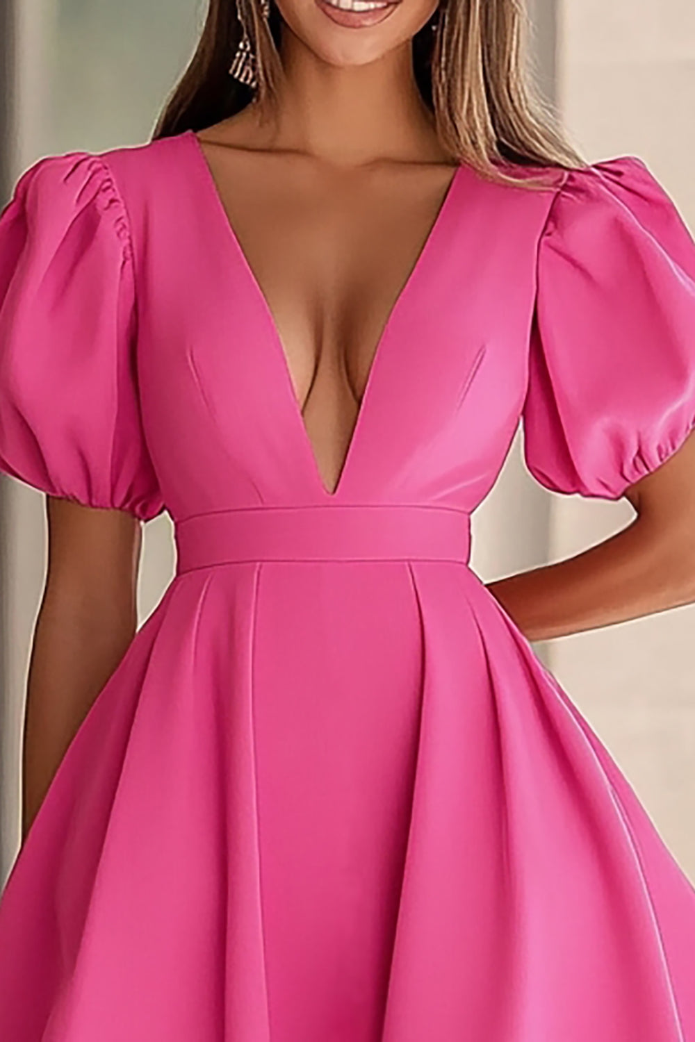 Fuchsia Satin Puff Sleeves V Neck Short Cocktail Dress