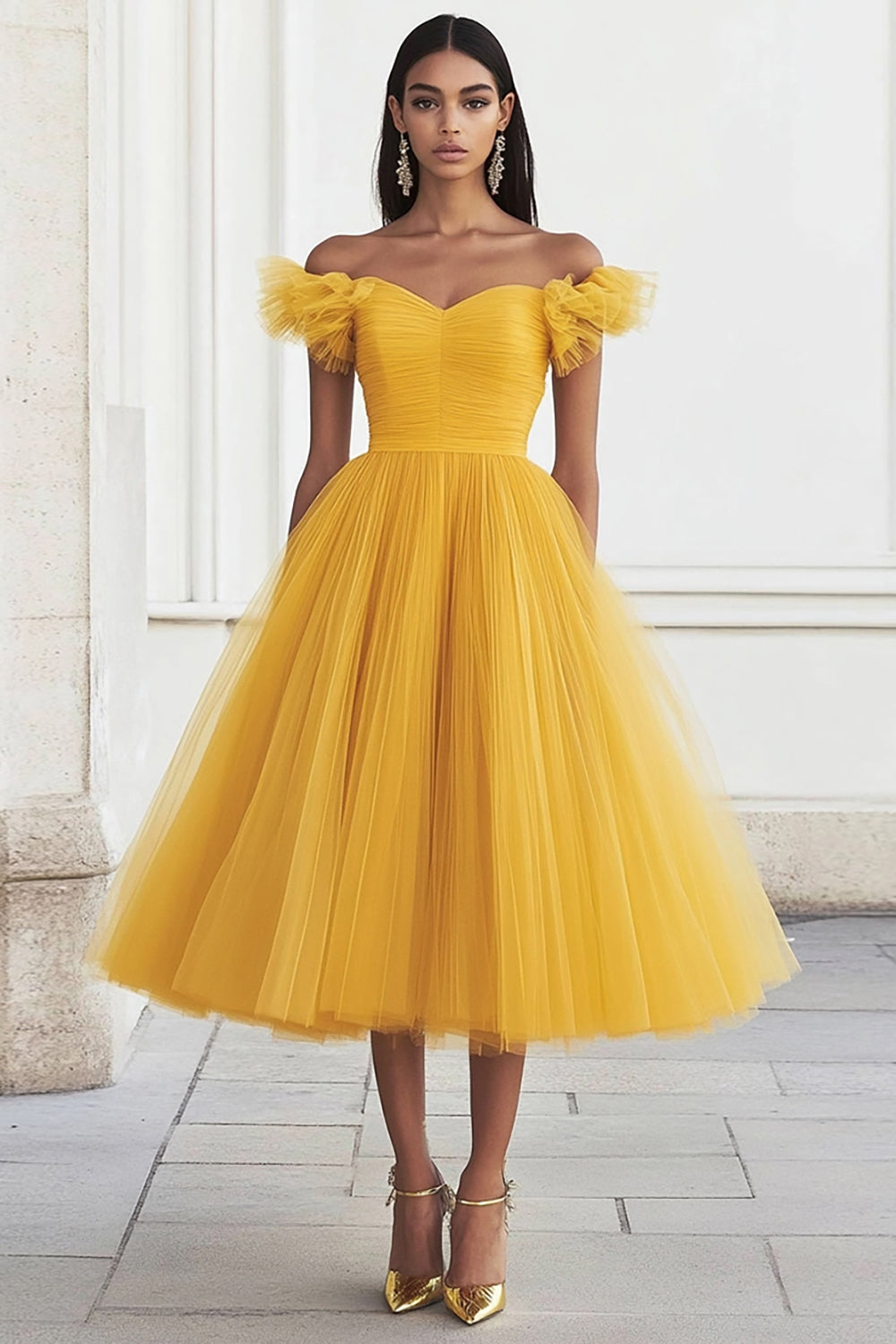 Yellow Tulle A Line Off the Shoulder Long Formal Dress