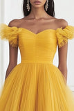 Yellow Tulle A Line Off the Shoulder Long Formal Dress