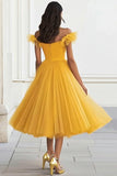 Yellow Tulle A Line Off the Shoulder Long Formal Dress