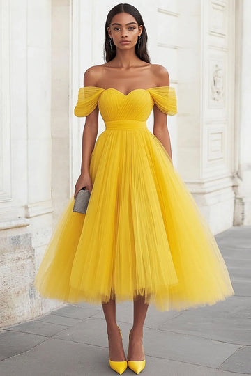 Yellow Off the Shoulder Tulle Pleated Long Formal Dress