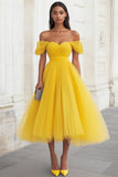 Yellow Off the Shoulder Tulle Pleated Long Formal Dress