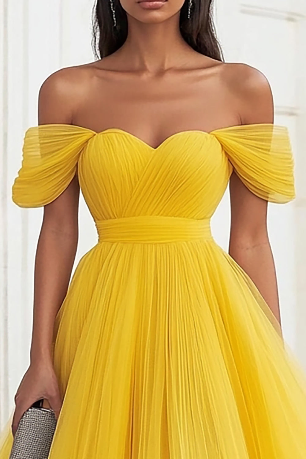 Yellow Off the Shoulder Tulle Pleated Long Formal Dress