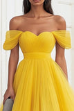 Yellow Off the Shoulder Tulle Pleated Long Formal Dress