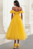 Yellow Off the Shoulder Tulle Pleated Long Formal Dress