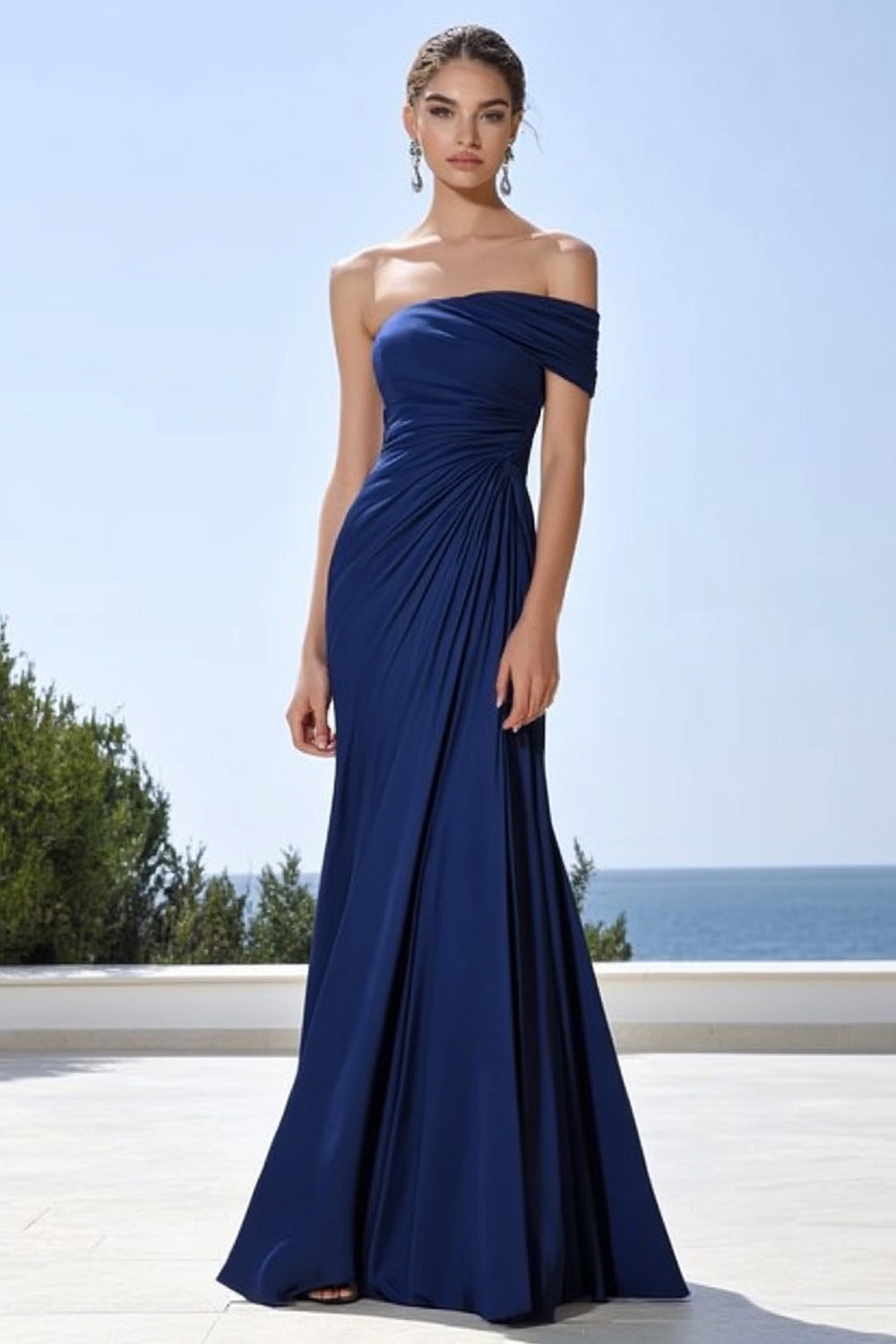 Navy Satin Mermaid Ruched Long Formal Dress