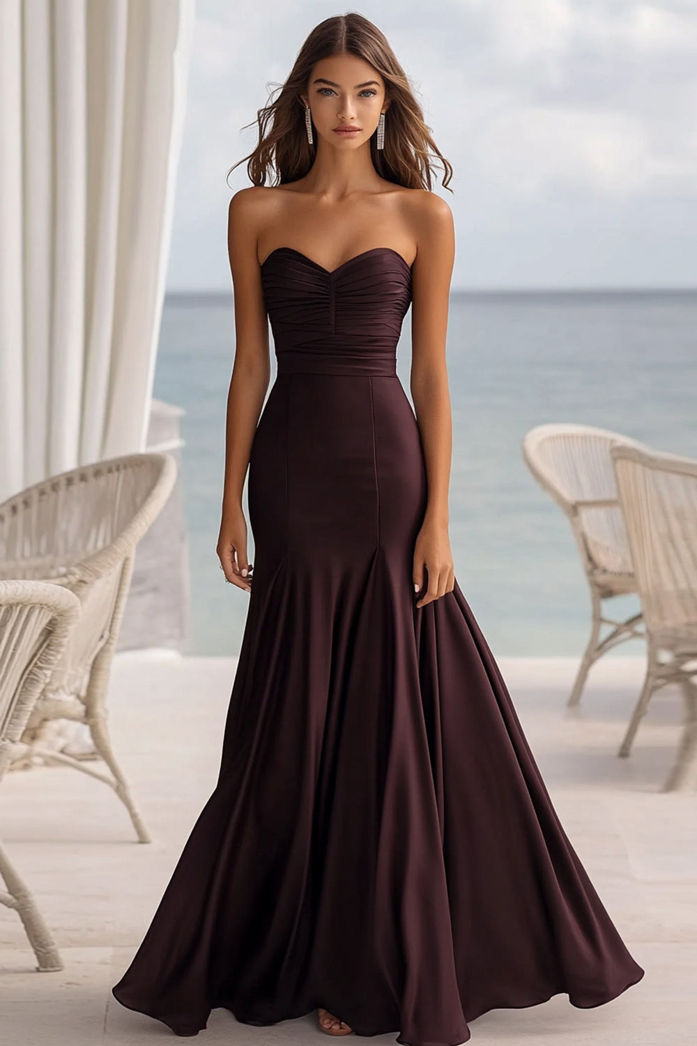 Coffee Chiffon Mermaid Sweetheart Long Formal Dress