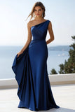 One Shoulder Mermaid Navy Ruched Long Formal Dress