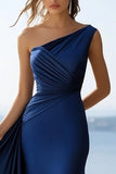 One Shoulder Mermaid Navy Ruched Long Formal Dress