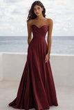 A Line Ruched Satin Burgundy Long Formal Dress