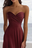 A Line Ruched Satin Burgundy Long Formal Dress