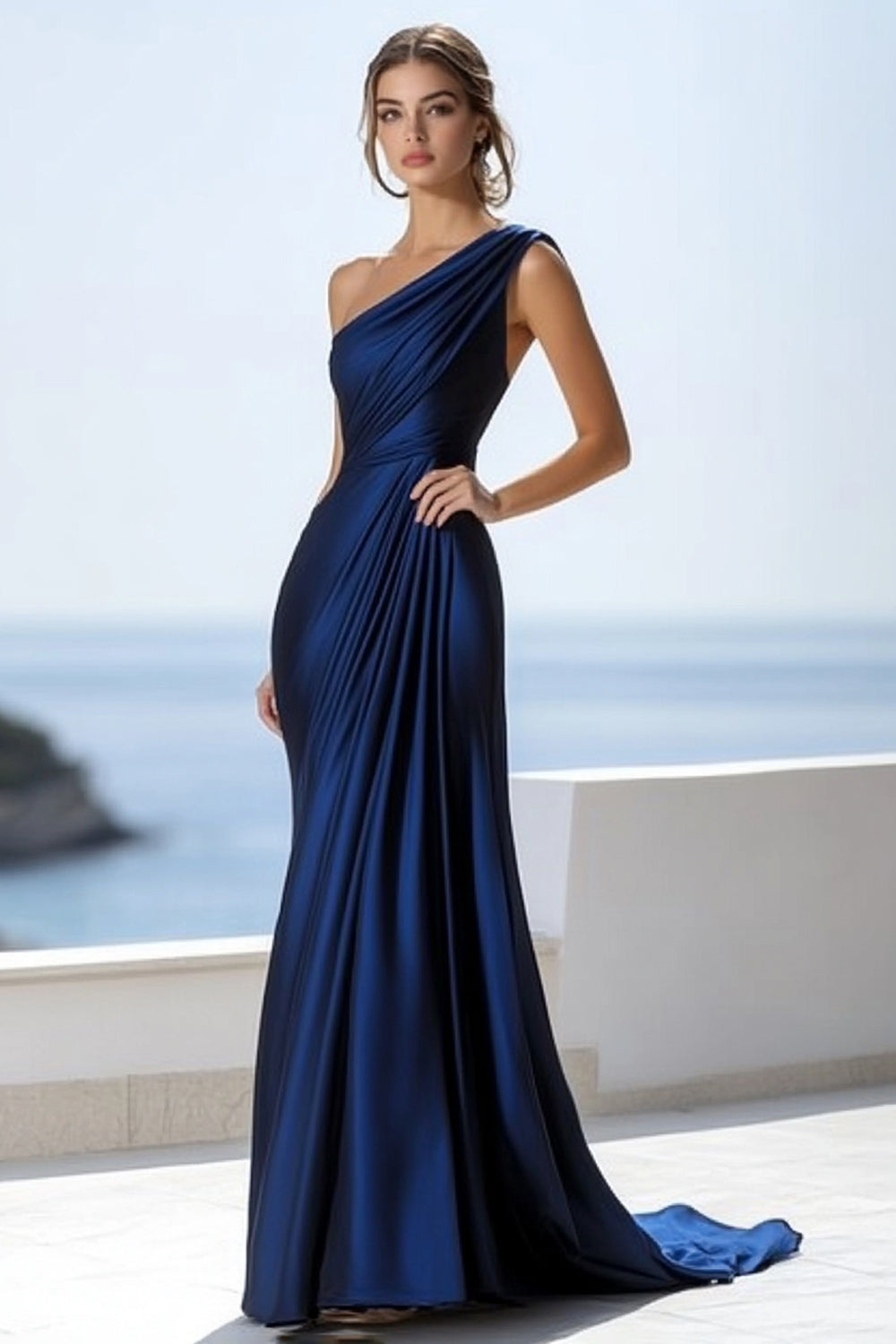 Navy Satin Ruched Mermaid One Shoulder Long Formal Dress