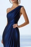 Navy Satin Ruched Mermaid One Shoulder Long Formal Dress