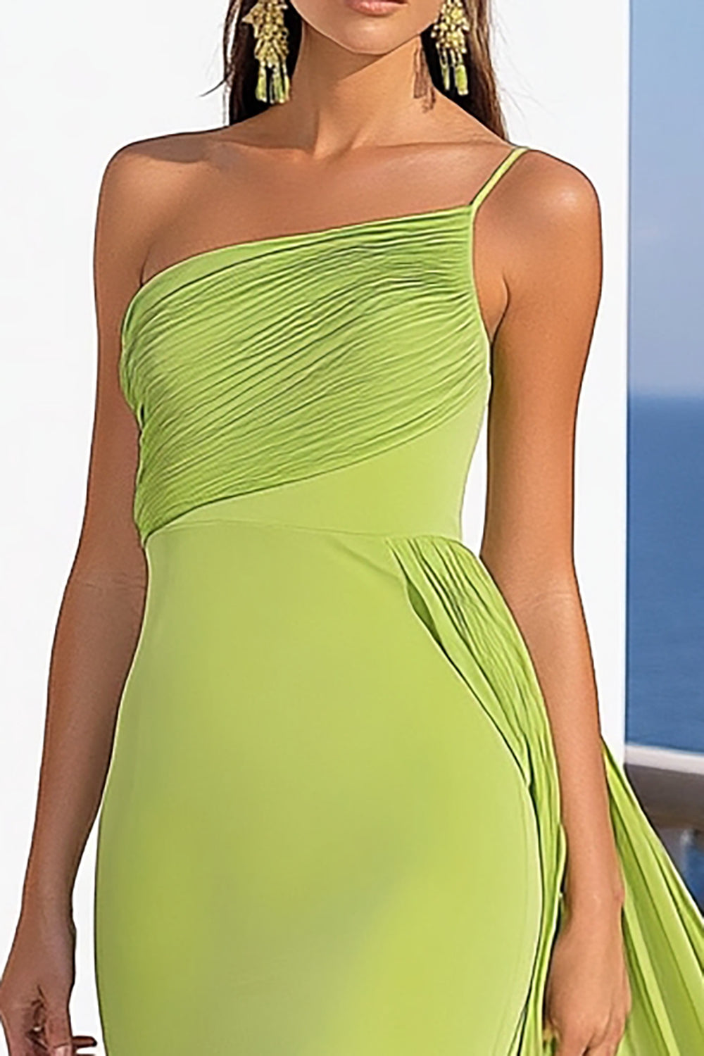 One Shoulder Mermaid Green Long Formal Dress with Side Cape