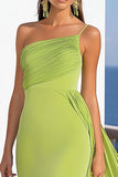 One Shoulder Mermaid Green Long Formal Dress with Side Cape