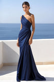 Navy Mermaid Ruched One Shoulder Long Formal Dress
