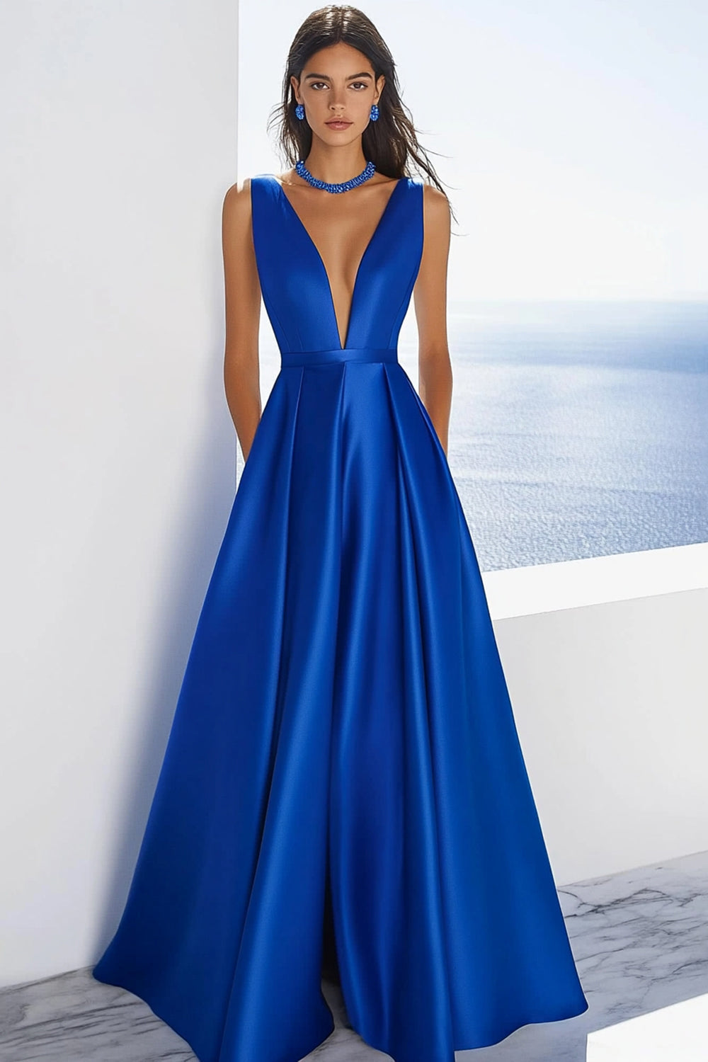 Simple Royal Blue V-Neck A Line Satin Long Formal Dress