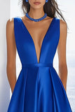 Simple Royal Blue V-Neck A Line Satin Long Formal Dress