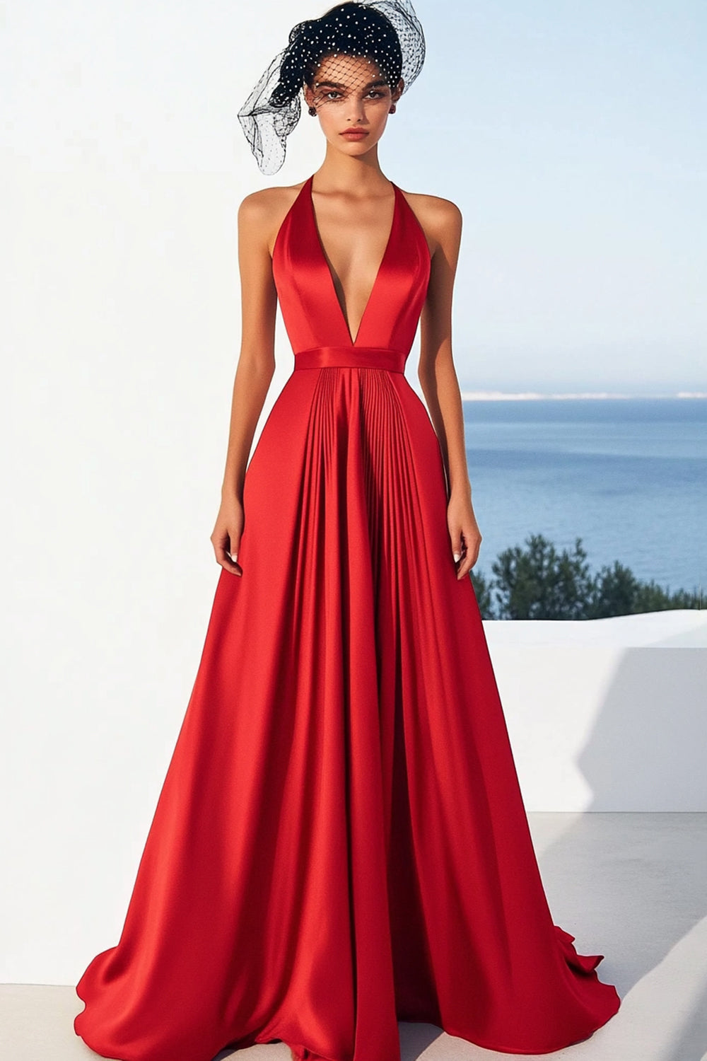 Simple Red A Line Deep V Neck Satin Long Formal Dress