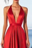 Simple Red A Line Deep V Neck Satin Long Formal Dress