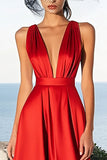 Simple Red Satin V Neck A Line Long Formal Dress