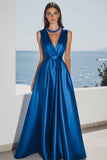Royal Blue Satin V Neck A Line Long Formal Dress