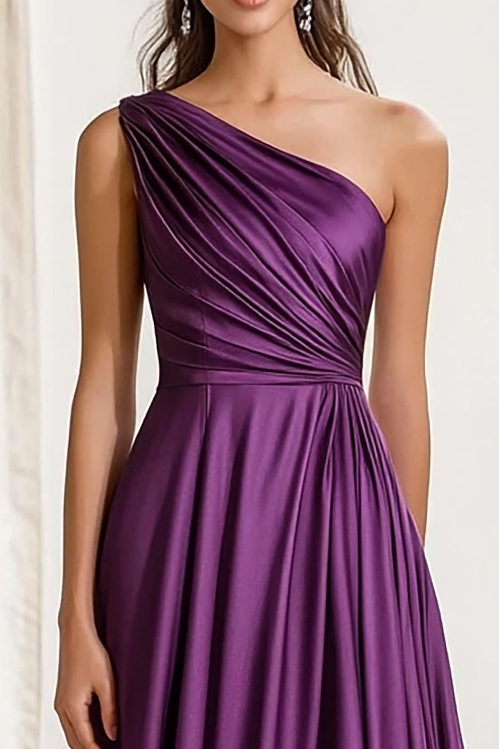 Purple Ruched One Shoulder A Line Long Formal Dress