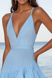 Ruffled Sky Blue A Line Spaghetti Straps Short Graduation Dress
