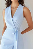 Black Bodycon Satin V Neck Midi Work Dress with Sash