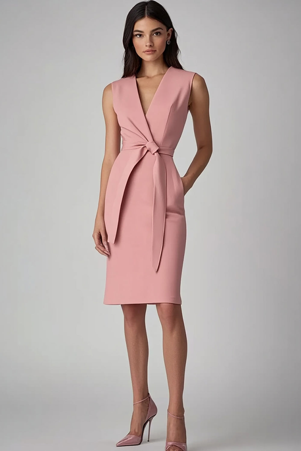 Pink Satin Bodycon V Neck Midi Work Dress