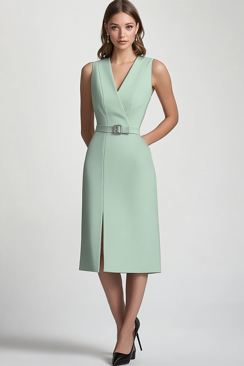 Mint Green Satin V Neck Bodycon Midi Work Dress With Belt