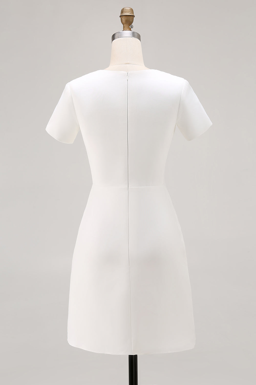 Ivory Satin Pleated A Line Short Work Dress with Short Sleeves