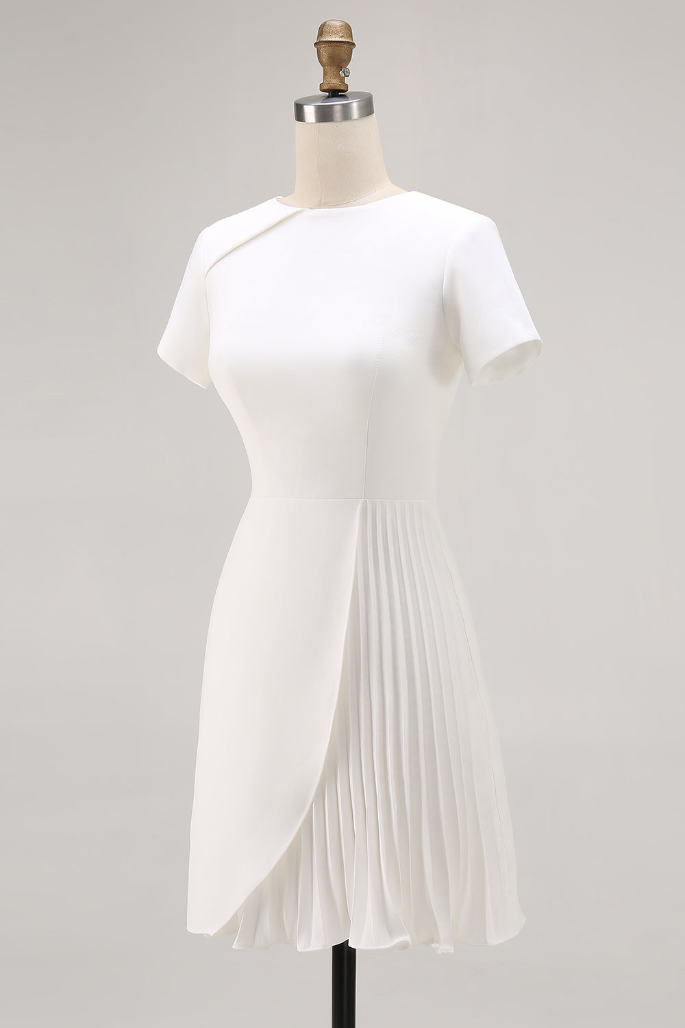 Ivory Satin A Line Pleated Short Work Dress with Short Sleeves