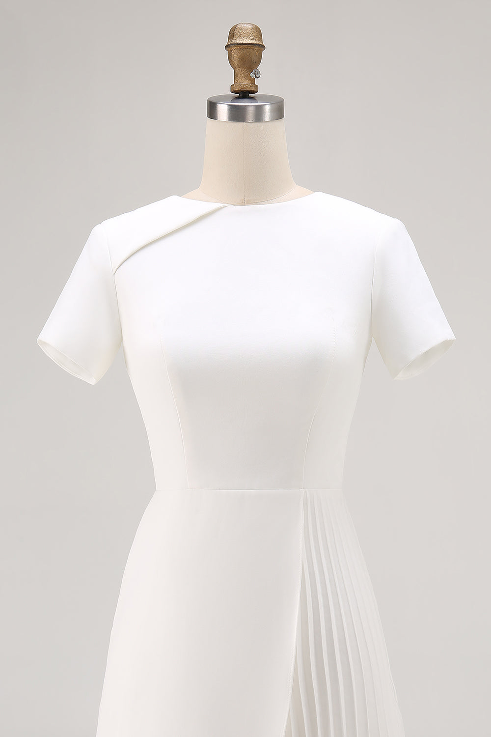 Ivory Satin A Line Pleated Short Work Dress with Short Sleeves
