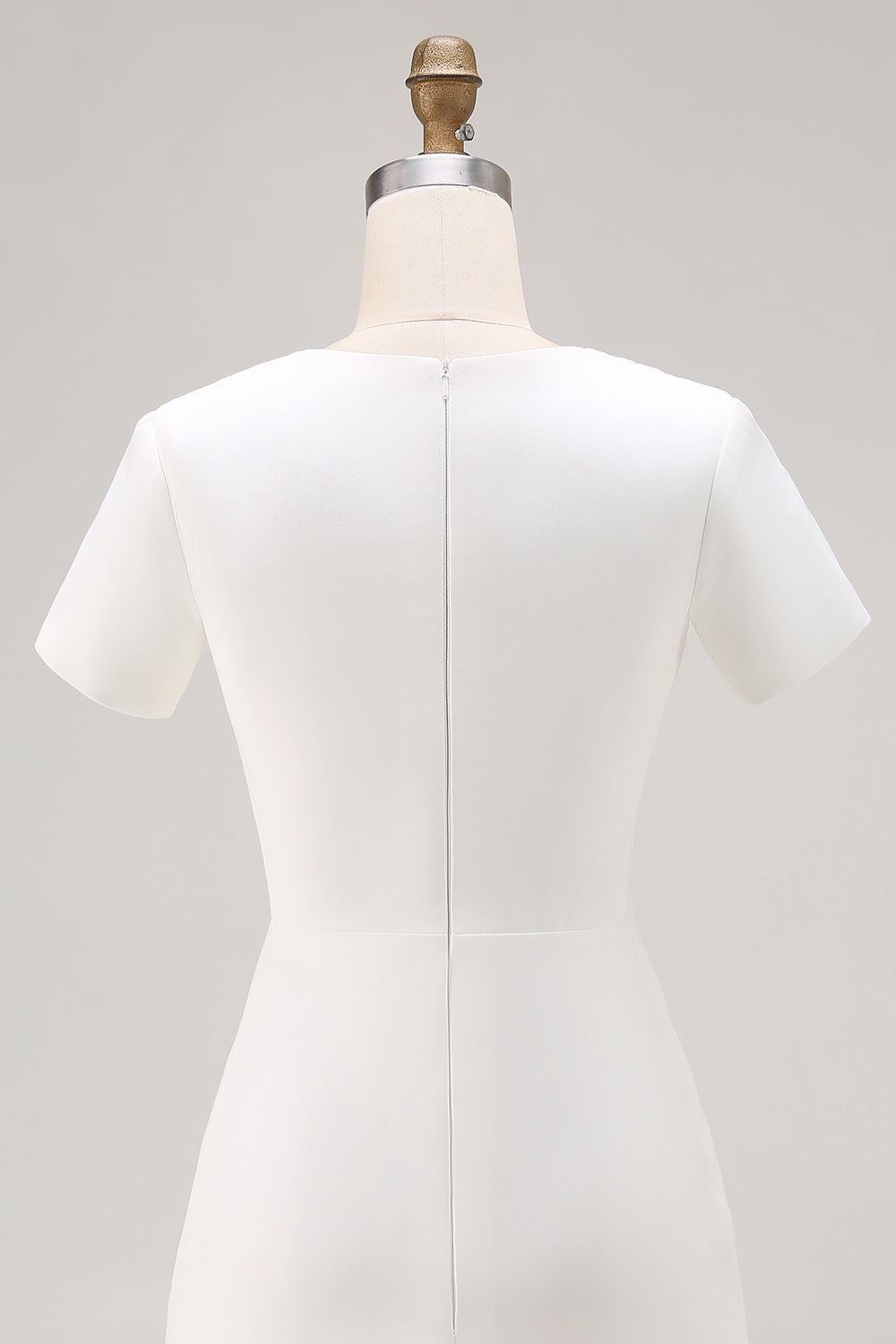 Ivory Satin A Line Pleated Short Work Dress with Short Sleeves