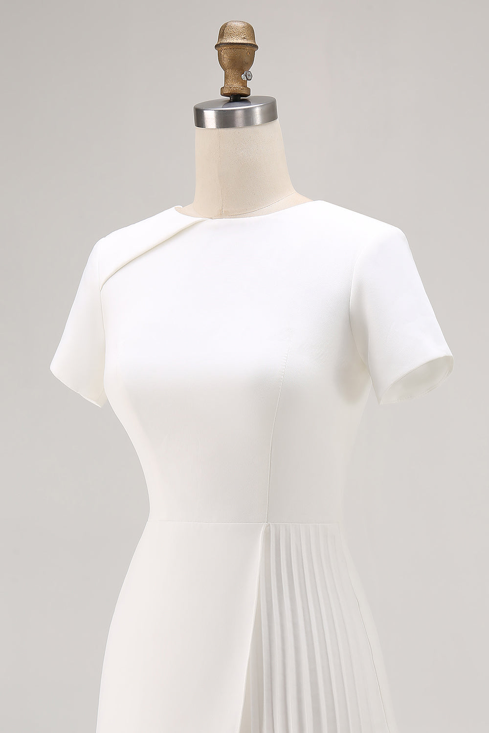 Ivory Satin A Line Pleated Short Work Dress with Short Sleeves