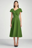 Green A Line Cap Sleeve V-Neck Satin Long Work Dress