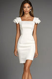 Ivory Bodycon Satin Cap Sleeve Square Neck Short Work Dress