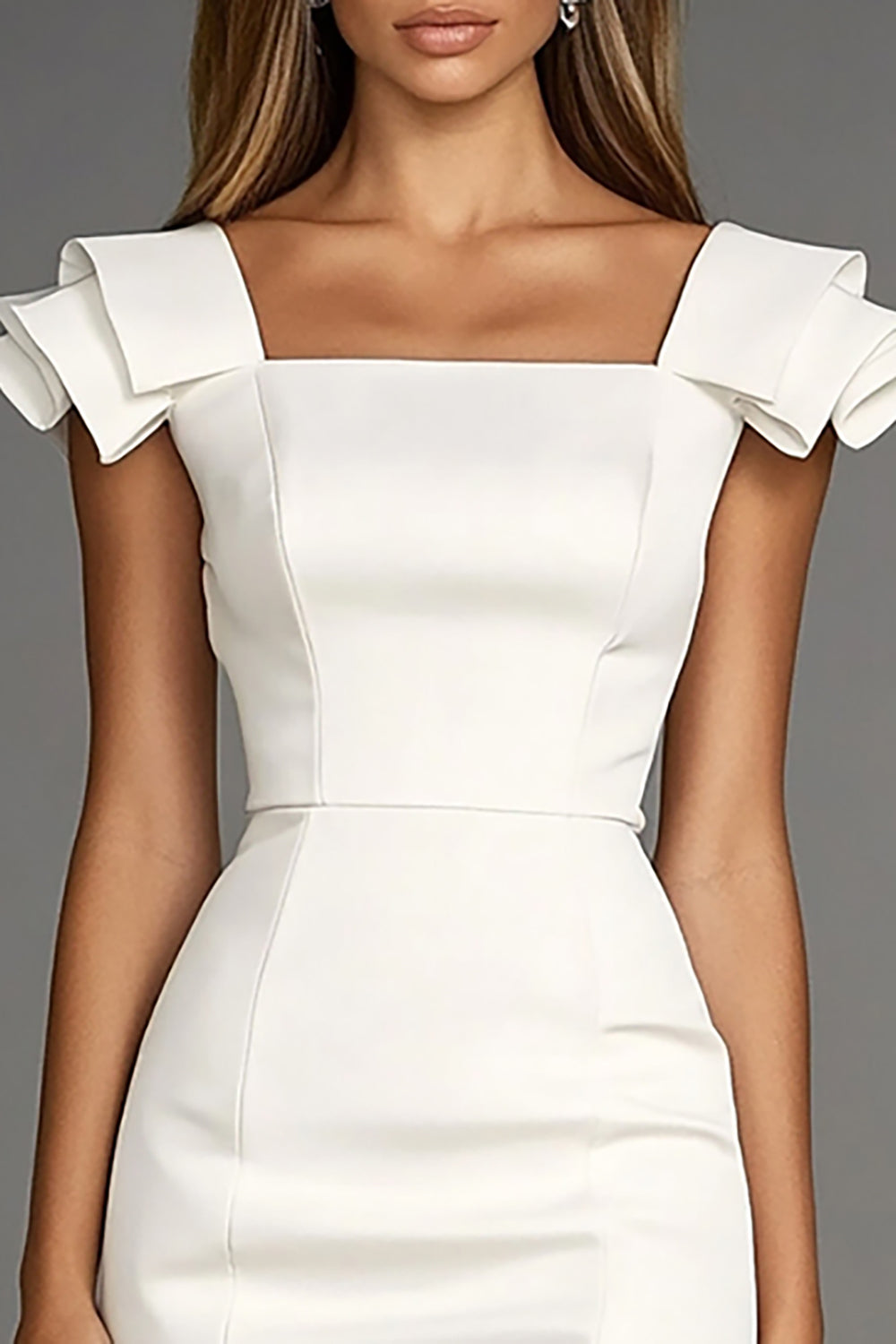 Ivory Bodycon Satin Cap Sleeve Square Neck Short Work Dress