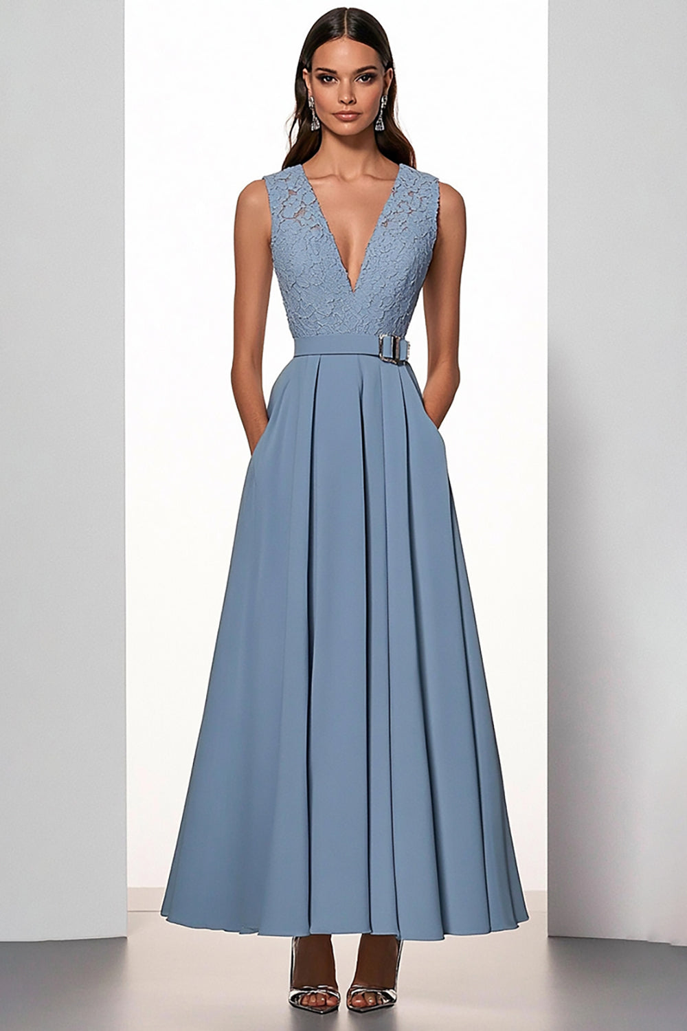 Grey Blue V-Neck A Line Satin Long Work Dress with Lace