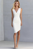 Ivory Satin V-Neck Bodycon Midi Work Dress