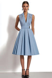 Grey Blue Satin V-Neck A Line Midi Work Dress with Lace