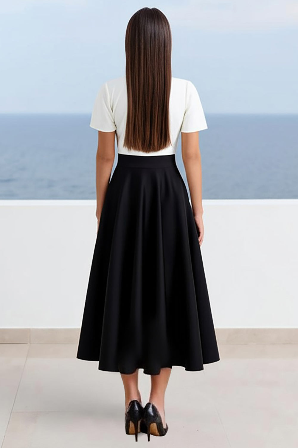Ivory and Black A Line Satin Long Work Dress with Sleeves