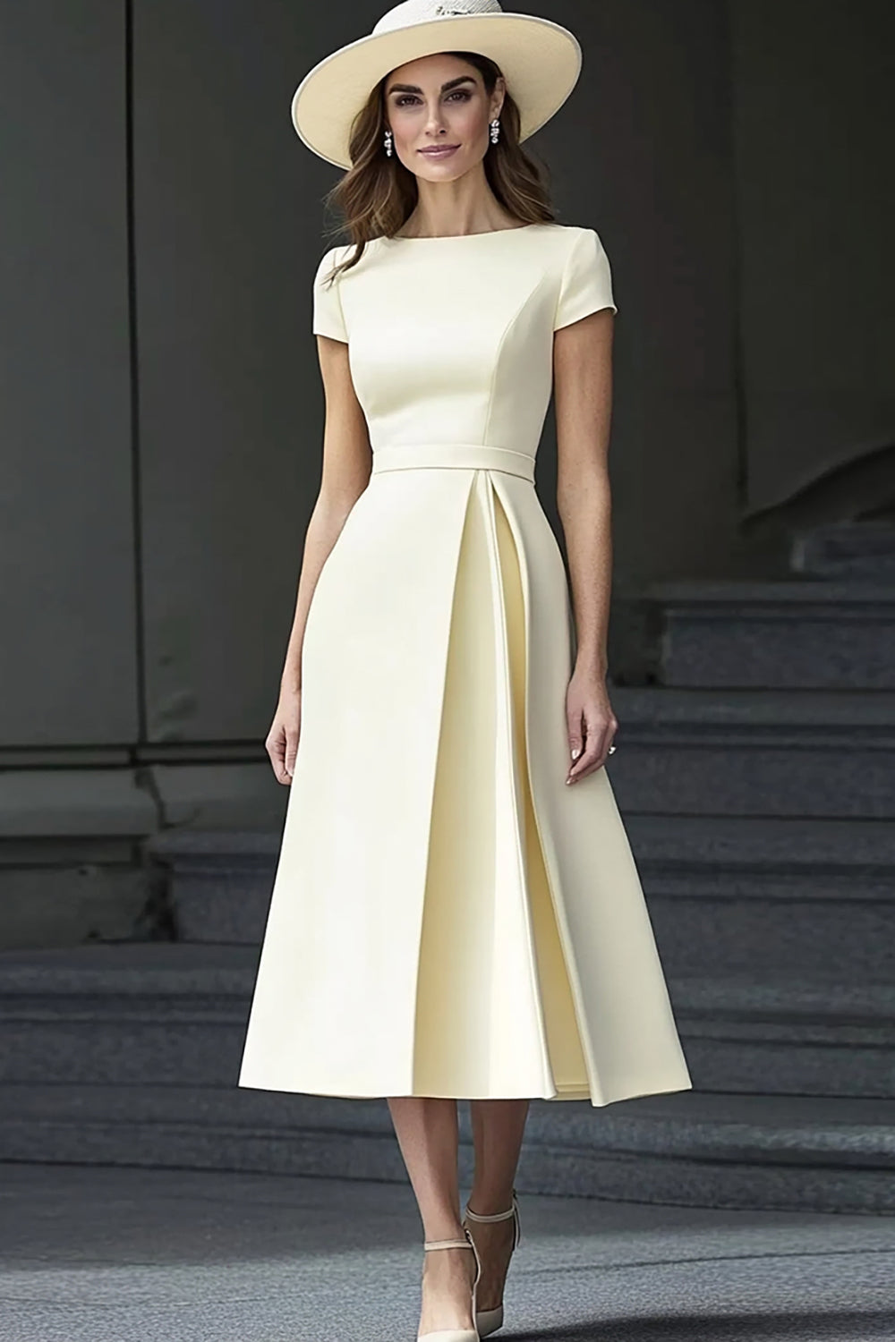 Daffodil A Line Satin Short Sleeves Boat Neck Long Work Dress