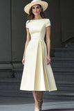 Daffodil A Line Satin Short Sleeves Boat Neck Long Work Dress