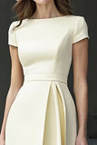 Daffodil A Line Satin Short Sleeves Boat Neck Long Work Dress