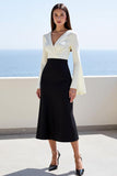 Ivory and Black Satin V-Neck Flare Sleeve Long Work Dress